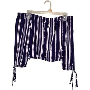 Off Shoulder Navy Blue and White Striped Top 🦋